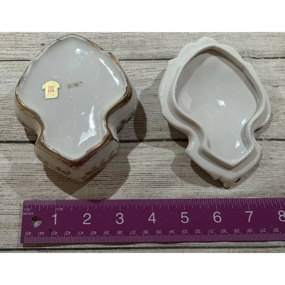 Vintage Lenwile ARDALT Gold Leaf Porcelain Lidded Trinket Dish & 2 Trays RETRO
